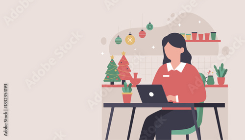 Woman working remotely on a laptop in a festive home office decorated for Christmas and the holidays