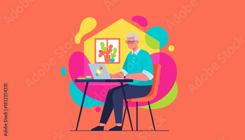 Senior man using laptop for work or study at home office vibrant illustration