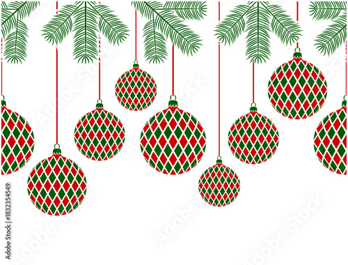 seamless border with hanging christmas balls and spruce twigs isolated on white background