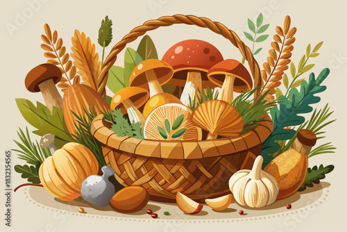 A basket full of fresh seasonal mushrooms and aromatic herbs in a rustic setting, natural organic harvest arrangement, autumn kitchen concept, and offering healthy food from farm to table.