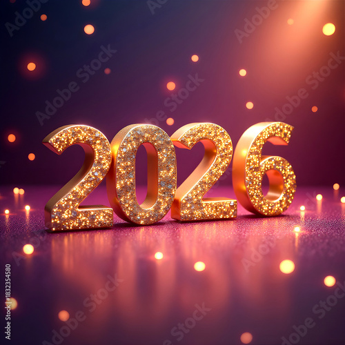 Shiny metallic gold “2026” numbers standing against a soft purple backdrop with glowing  lights