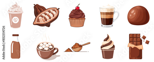 Chocolate and Cocoa Dessert Icon Set – Sweet Food and Beverage Illustrations