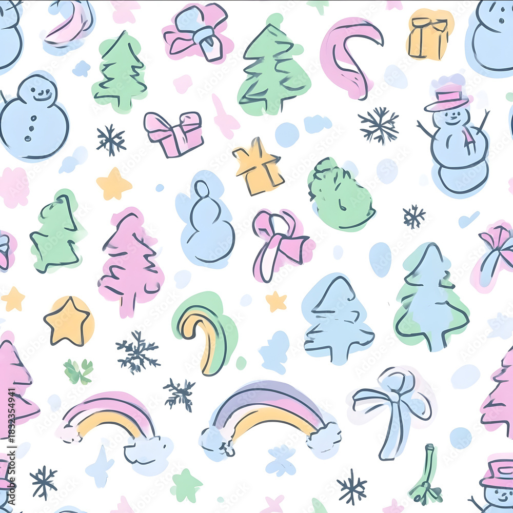 Naklejka premium A seamless pattern of cute doodle Christmas symbols including snowmen and trees in pastel colors on a white background The design incorporates playful rainbow hues with soft gradients