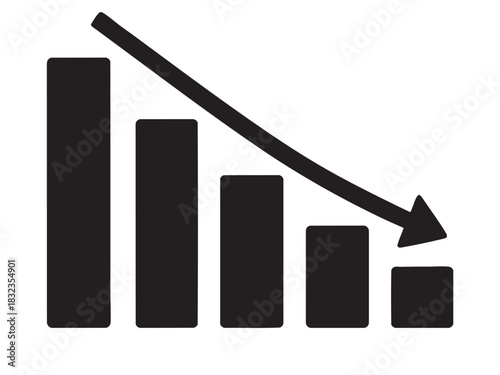 Black silhouette of descending bar chart with arrow, isolated on white background. concept of financial decline, statistics, economic downturn, data analysis, business graph