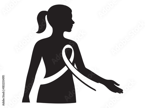 Silhouette of woman with breast cancer awareness ribbon isolated on white background, graphic illustration. Concept of health, female support, oncology prevention, medical campaign, charity symbol
