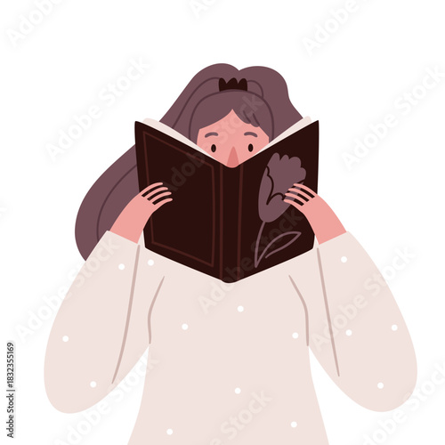 Vector illustration of a girl reading a book. Cozy neutral tones, soft Scandinavian minimal style. Perfect for posters, prints, children’s books and reading-themed designs.