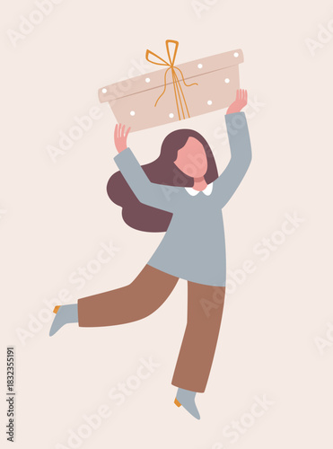 Cute pastel illustration of a girl holding a gift box. Scandinavian style, minimalist and warm palette. Perfect for packaging, kids' projects, and seasonal design.