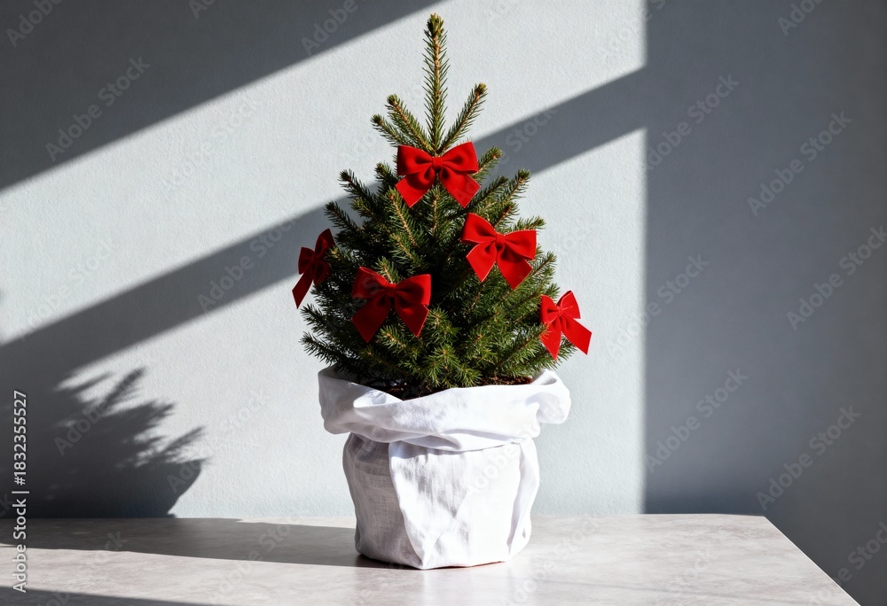 Fototapeta premium Small Christmas tree decorated with red bows in a white fabric pot. Minimalist holiday background with sunlight and hard shadows. Sustainable Xmas concept with copy space