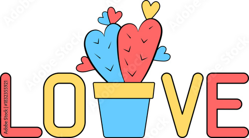 Charming Flat Vector Heart Cactus in Blue Pot with Bold Multicolor 'LOVE' Typography and Scattered Red, Blue, Yellow Hearts - Whimsical Valentine's Romance Illustration