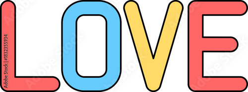 Vibrant Multicolored LOVE Typography Vector: Bold Flat Letters in Red L&E, Blue O, Yellow V for Playful Romantic Valentine Graphics and Designs