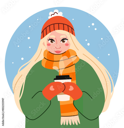 Cute cartoon girl in a warm clothes drinks coffee and enjoys winter.