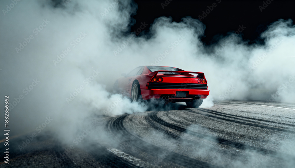 custom made wallpaper toronto digitalRed V8 sports car spinning through dense tire smoke, dramatic and high-energy.