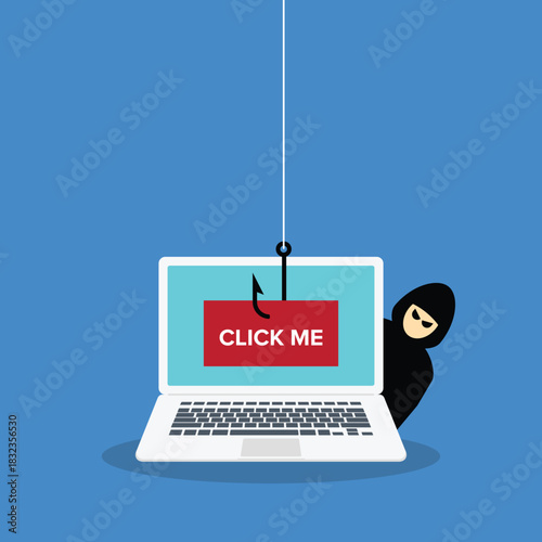 Click me bait used by Hacker, scammer trying to steal confidential data, personal information and credit card detail a laptop computer, vector illustration.  