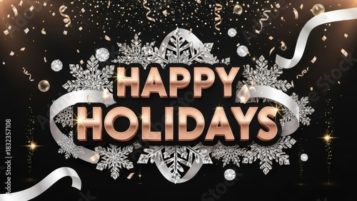 Golden Happy Holidays Celebration with Sparkling Silver Snowflakes and Ribbons