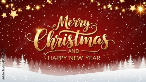 Golden Merry Christmas and Happy New Year on Snowy Red Background