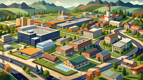 Very beautiful aerial view over Clarksville, Tennessee buildings and infrastructure, showing clean city blocks, road patterns, and neutral architecture in a stock-safe urban layout.