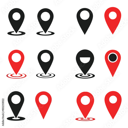 Collection of red and black location pointers and map pins