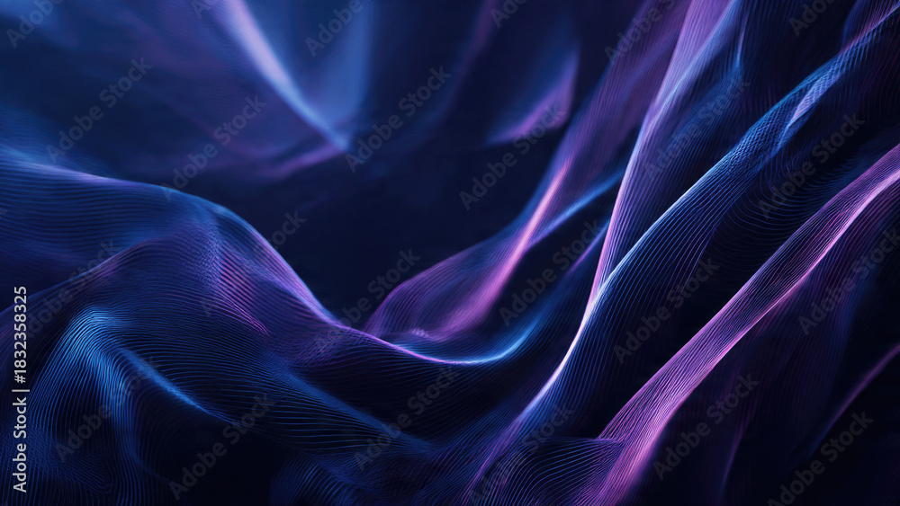 Fototapeta premium Abstract digital waves of glowing blue and purple lines create a futuristic, flowing mesh pattern, evoking data or sound visualization.
