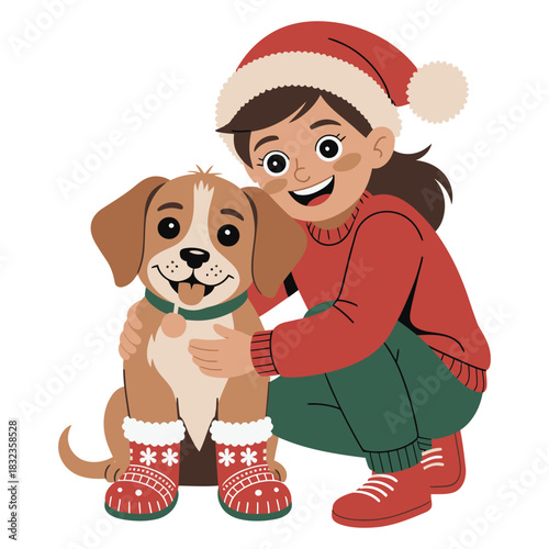 A girl in santa hat hugging a dog wearing christmas boots and collar bell on transparent background