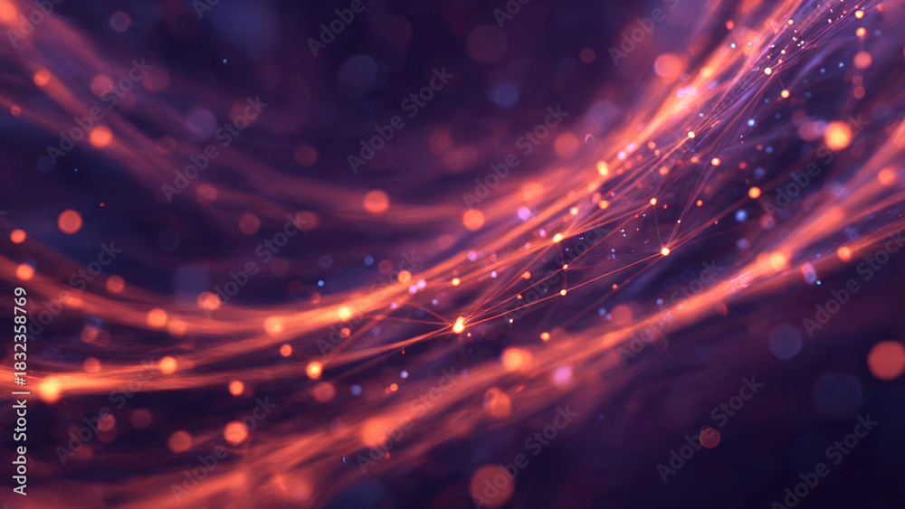 Fototapeta premium Dynamic abstract background with glowing orange and red lines, interconnected dots, and bokeh effects, illustrating digital connectivity and data flow in a futuristic style.
