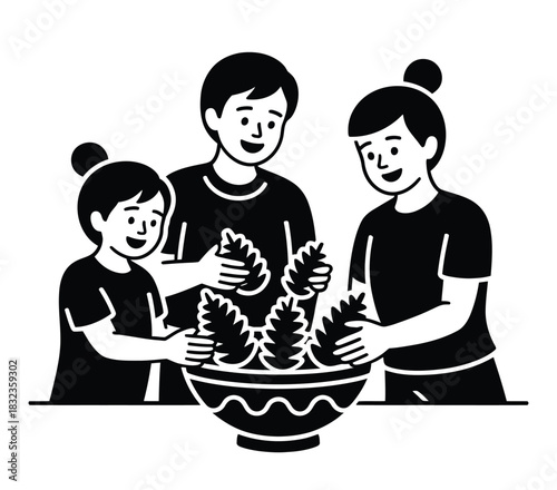 A family of three is arranging pine cones in a decorative bowl together happily