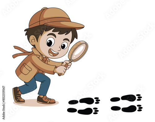 A cartoon detective boy following footprints with a magnifying glass in hand