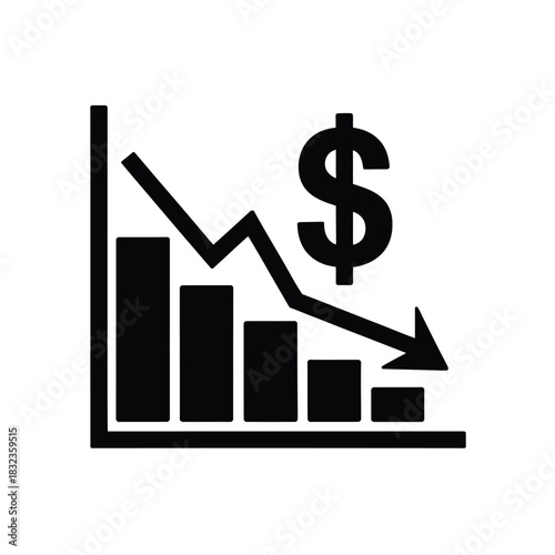 Black and white stock market graph with downward arrow and dollar symbol icon on transparent background