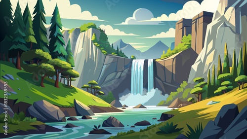 Very beautiful Lookout Mountain High Falls scene with cascading water, rocky cliffs, and lush greenery captured in a clean, semi-realistic natural landscape style.