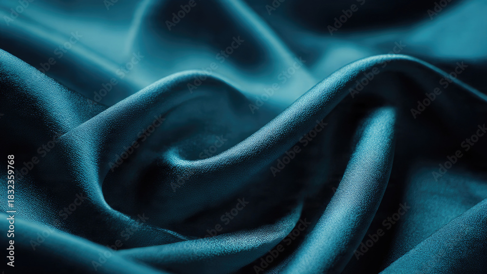 Obraz premium Luxurious teal fabric, possibly silk or satin, drapes elegantly with soft folds and shimmering highlights, creating a rich, textured, abstract background.