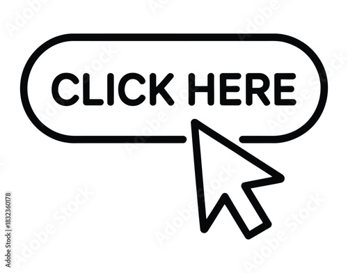 Black and white click here button with mouse pointer on a white background on transparent background