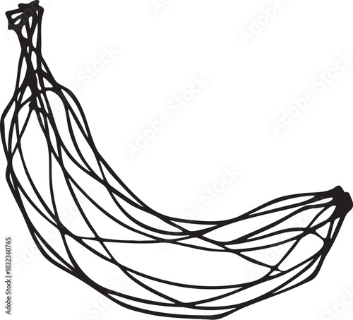 Abstract chaotic continuous line banana illustration in minimal black linear style for food branding, packaging and clean modern backgrounds