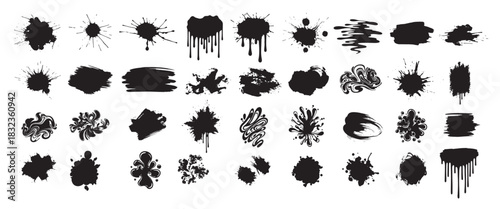 Collection of diverse ink splatter shapes with drips smudges strokes and abstract paint textures in bold black silhouettes Concept of creativity chaos expression