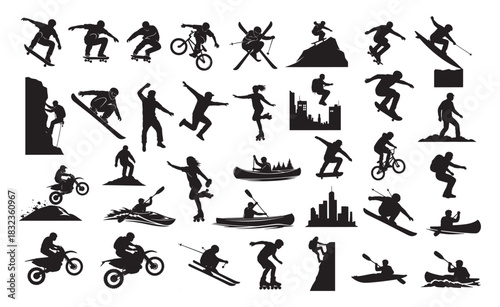 Dynamic extreme sport silhouettes featuring skateboarding skiing cycling climbing kayaking and outdoor adventure activities Concept of action energy freedom
