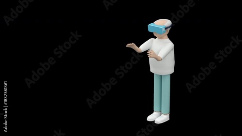 Senior male character using VR goggles. Aged man with VR goggles experiencing virtual reality, 3d render with alpha channel.