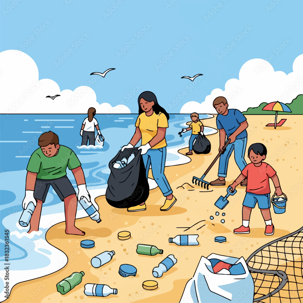 Obraz premium A diverse group of community volunteers, including adults and children, cleaning up plastic pollution on a sandy beach.