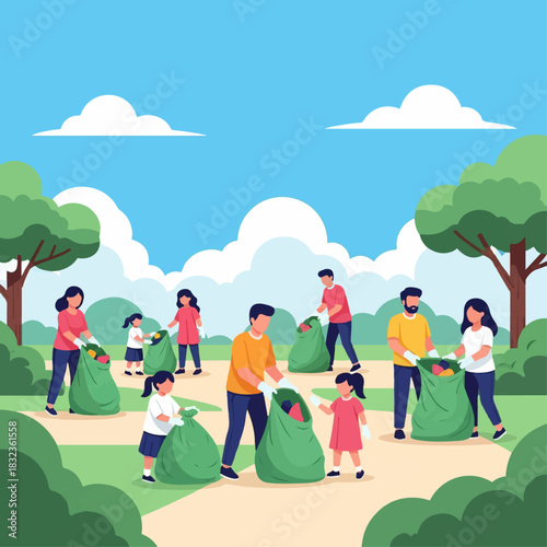 Families and community volunteers work together to clean up a local park on a sunny day.