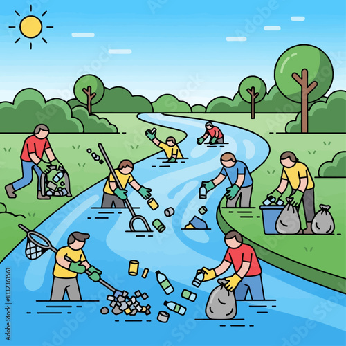 A group of dedicated volunteers work together to clean up plastic bottles and other trash polluting a river on a sunny day.