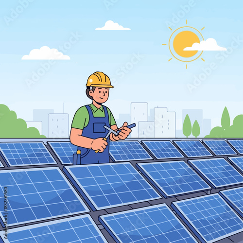 An illustration of a technician in a hard hat maintaining solar panels on a rooftop with a city skyline in the background.