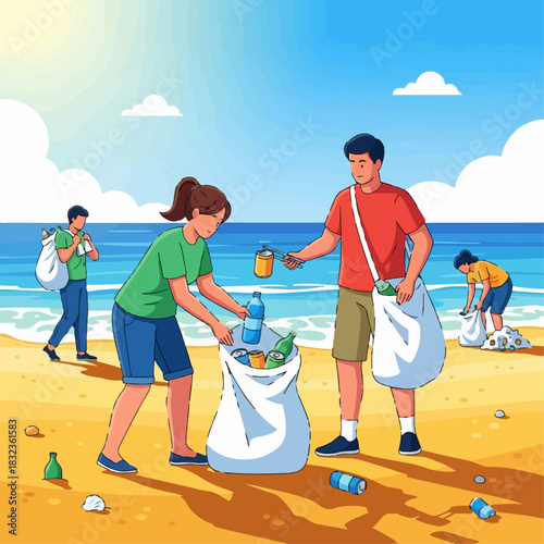A group of young volunteers work together to clean up plastic trash and litter from a polluted beach.