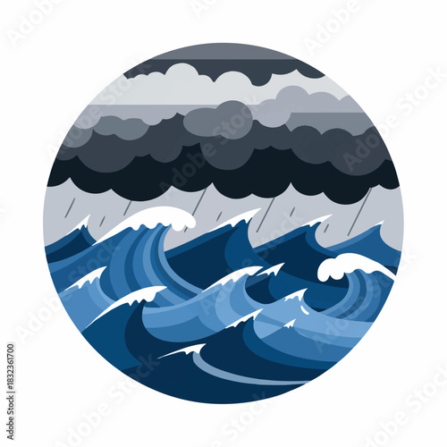 A circular vector illustration of a stormy sea with large waves under dark, rainy clouds.