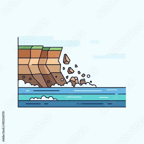 A vector illustration of a cliff collapsing into the sea due to coastal erosion and a landslide.