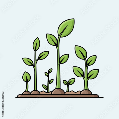 An illustration of several green plant seedlings at different stages of growth sprouting from the soil.