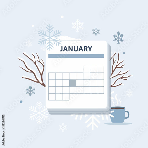 Winter illustration of a January calendar page with snowflakes, bare branches, and a hot drink.