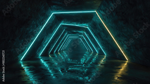 Fototapeta Naklejka Na Ścianę i Meble -  Dark, futuristic tunnel with rough walls. Glowing teal and golden neon lights form a repeating hexagonal pattern. Wet floor reflects vibrant, abstract geometry.