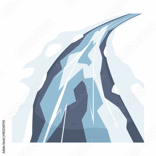 A stylized vector illustration of a powerful waterfall cascading down a rocky cliff face.