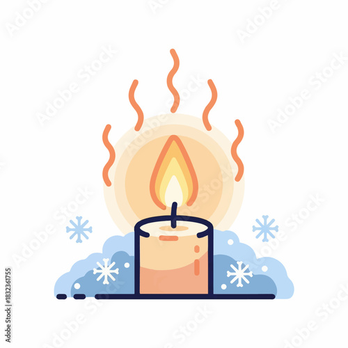 Illustrated icon of a burning candle surrounded by snow and snowflakes, symbolizing warmth in winter.