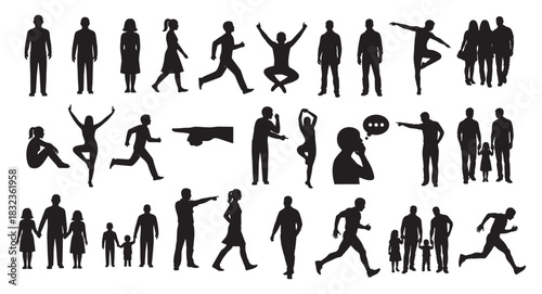 Various people silhouettes showing walking running sitting dancing pointing and family moments in diverse everyday poses Concept of lifestyle movement relationship community