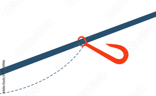 Minimal flat illustration of tow truck hook detail on cable, red hook swinging on dashed path, on a transparent background