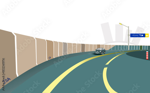 Flat illustration of curved city highway with car, yellow lane marking and highway noise barrier wall, modern urban infrastructure background