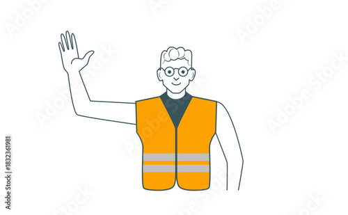 Flat line illustration of traffic controller in safety vest, raised hand stop gesture, orange high-visibility vest, minimal graphic, transparent background